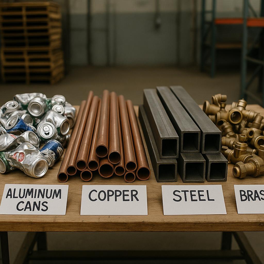 Ferrous and non-ferrous scrap metal including steel, copper, brass, and aluminum.