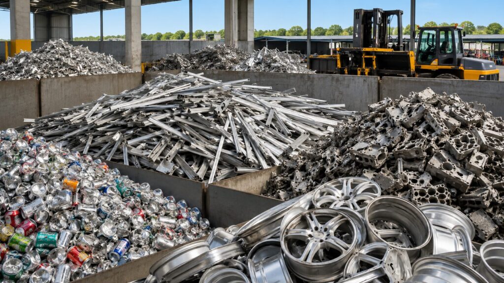 Sorted aluminum scrap piles at a professional recycling yard in Florida.