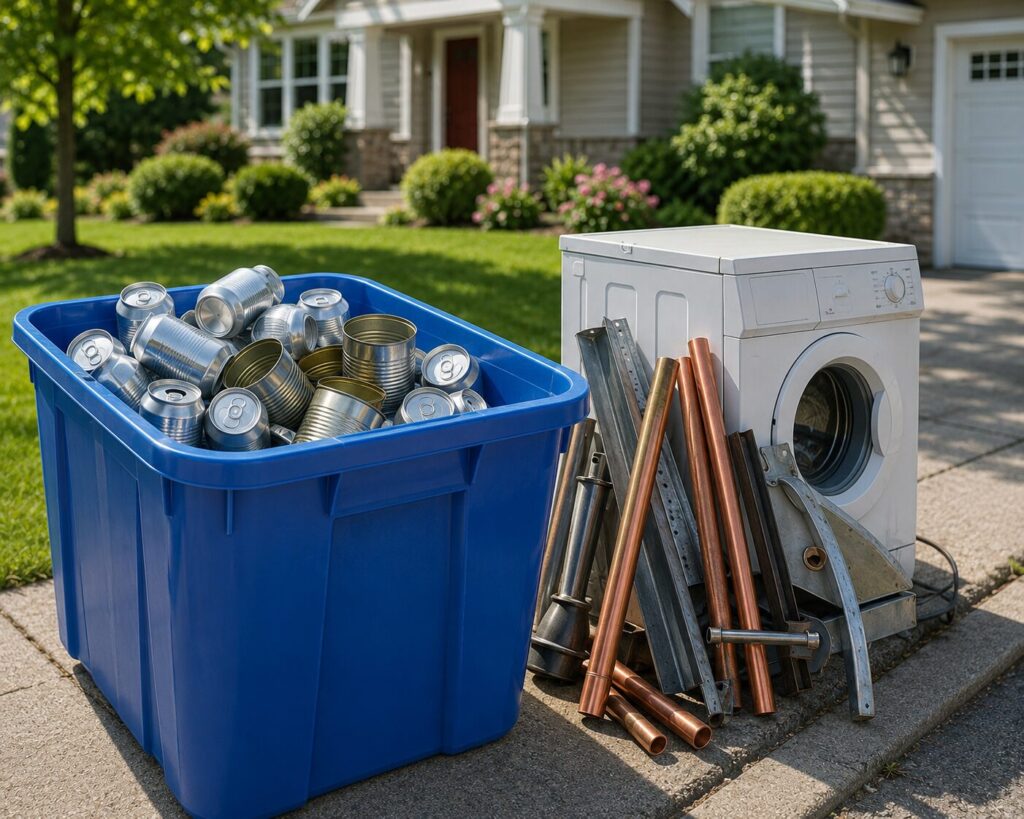 Blue curbside recycling bin filled with aluminum cans, steel cans, and metal lids beside a washing machine and copper pipes.