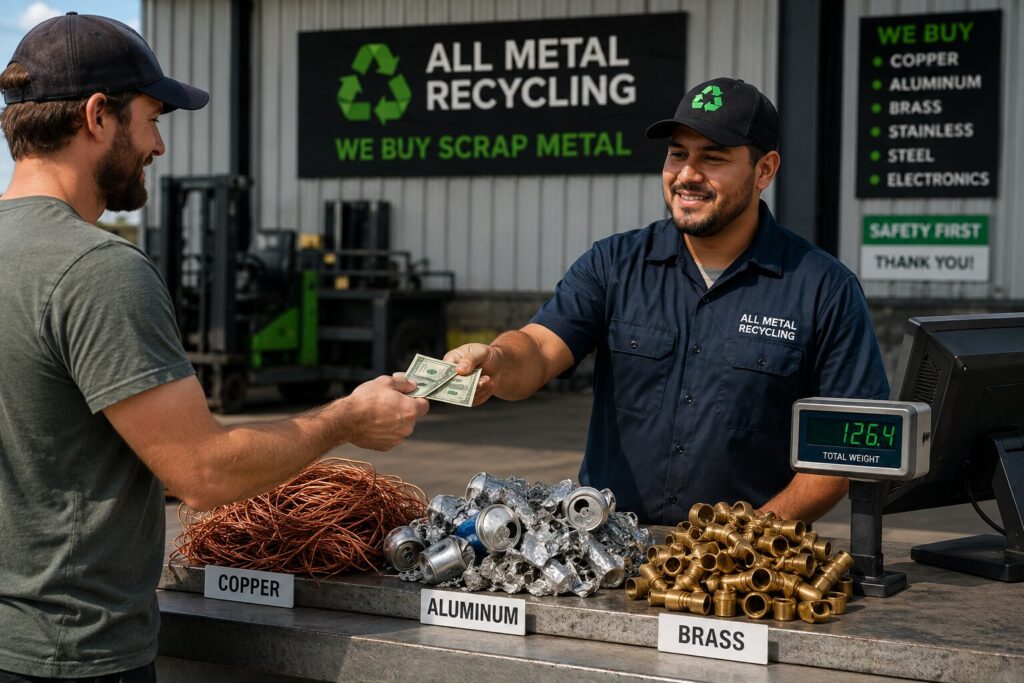 Customer receiving cash after selling sorted copper, aluminum, and brass at a modern scrap metal recycling center.
