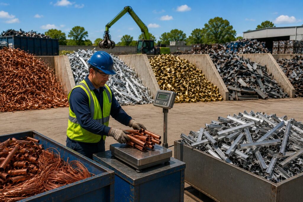 Worker weighing copper, aluminum, and steel scrap at All Metal Recycling to help customers save money.