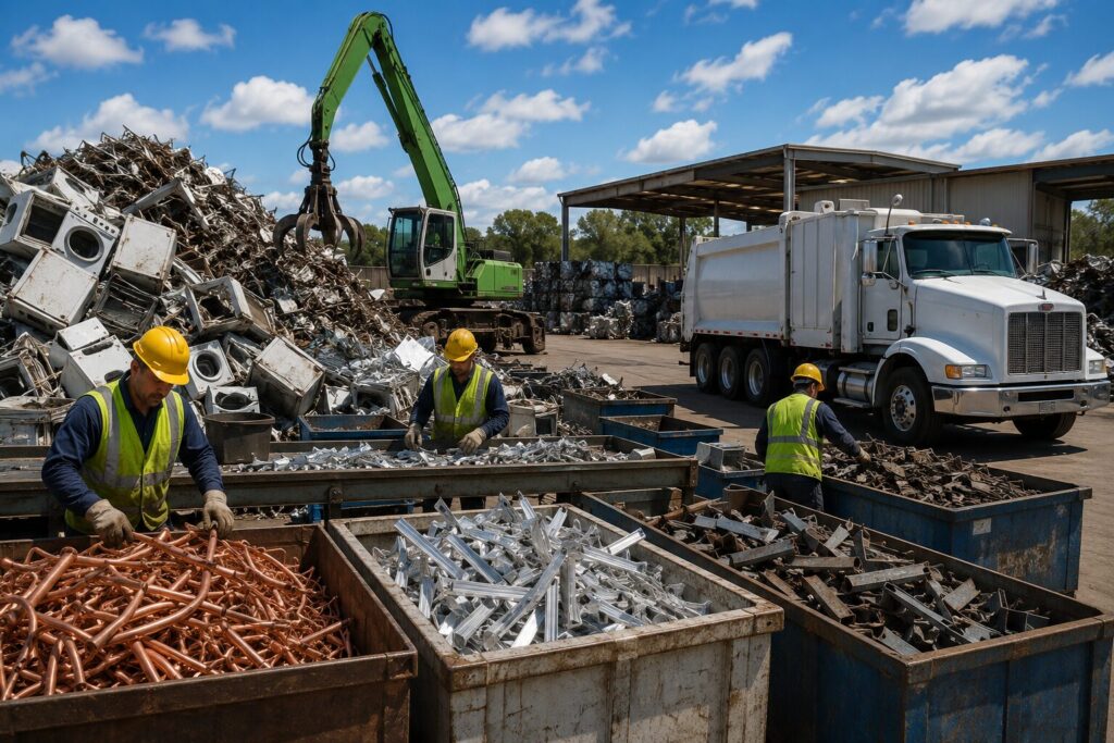 Workers sorting scrap metal at a professional recycling yard.