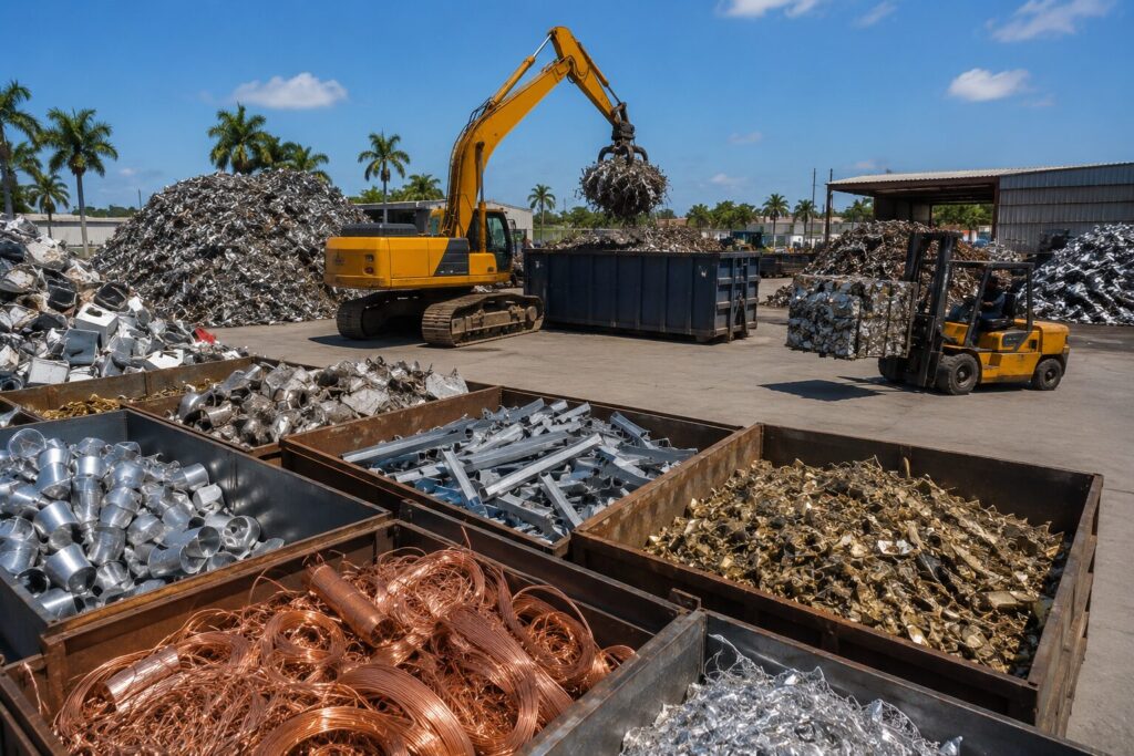 Scrap metal recycling yard with organized metal piles in South Florida.