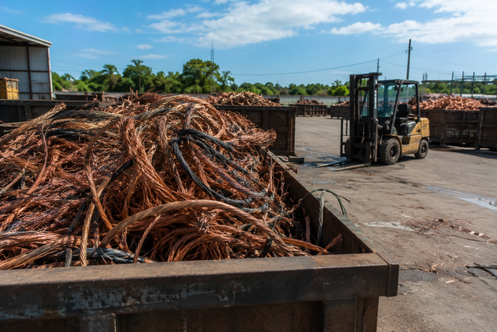 Copper electrical wire and insulated cables at a professional recycling yard
