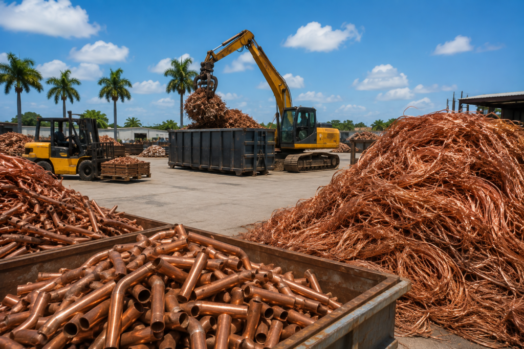 Professional copper recycling yard with sorted copper wire and pipes at All Metal Recycling.
